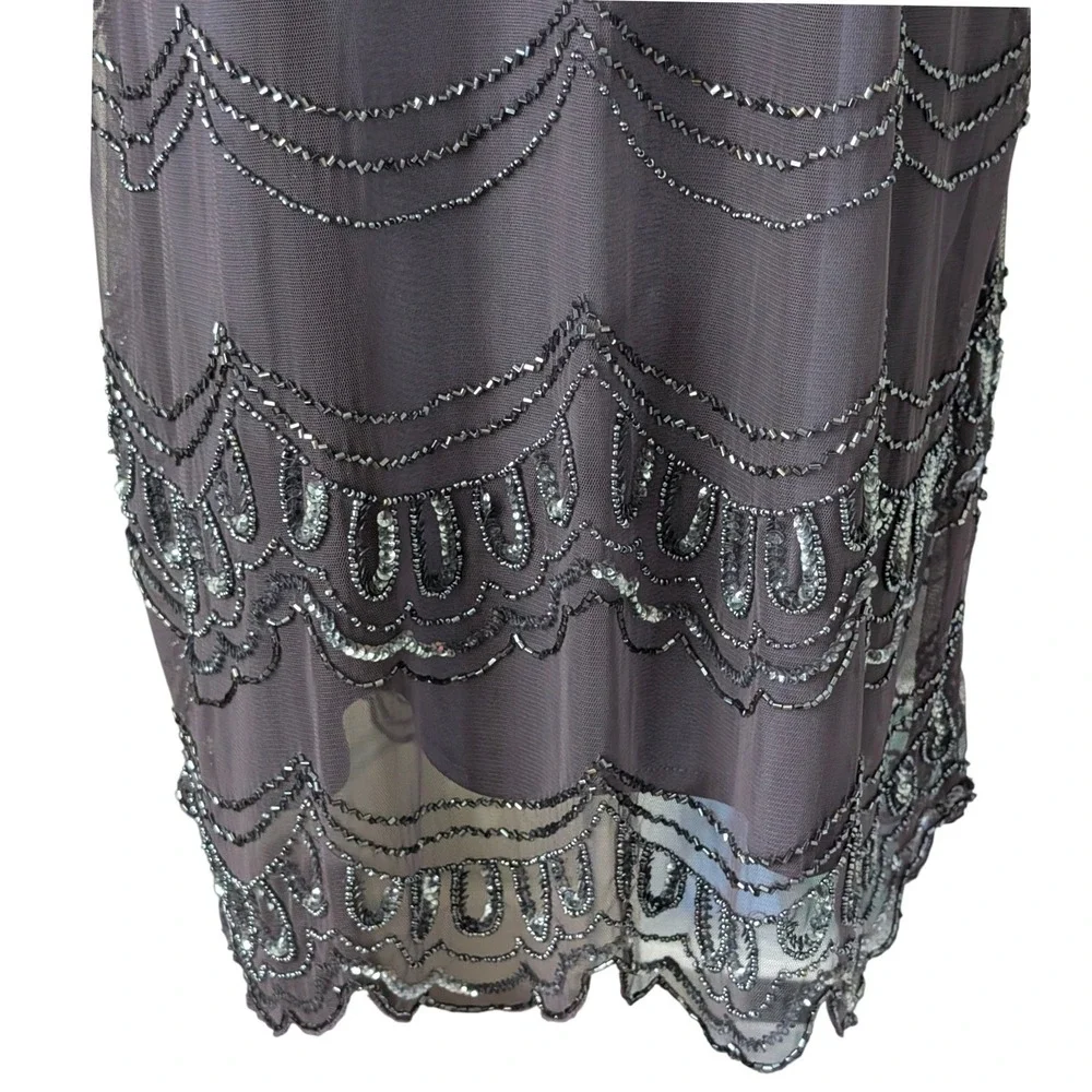 Vintage Art Deco Beaded Purple Mesh Midi Dress Bolero Set Rayon Cocktail Gatsby